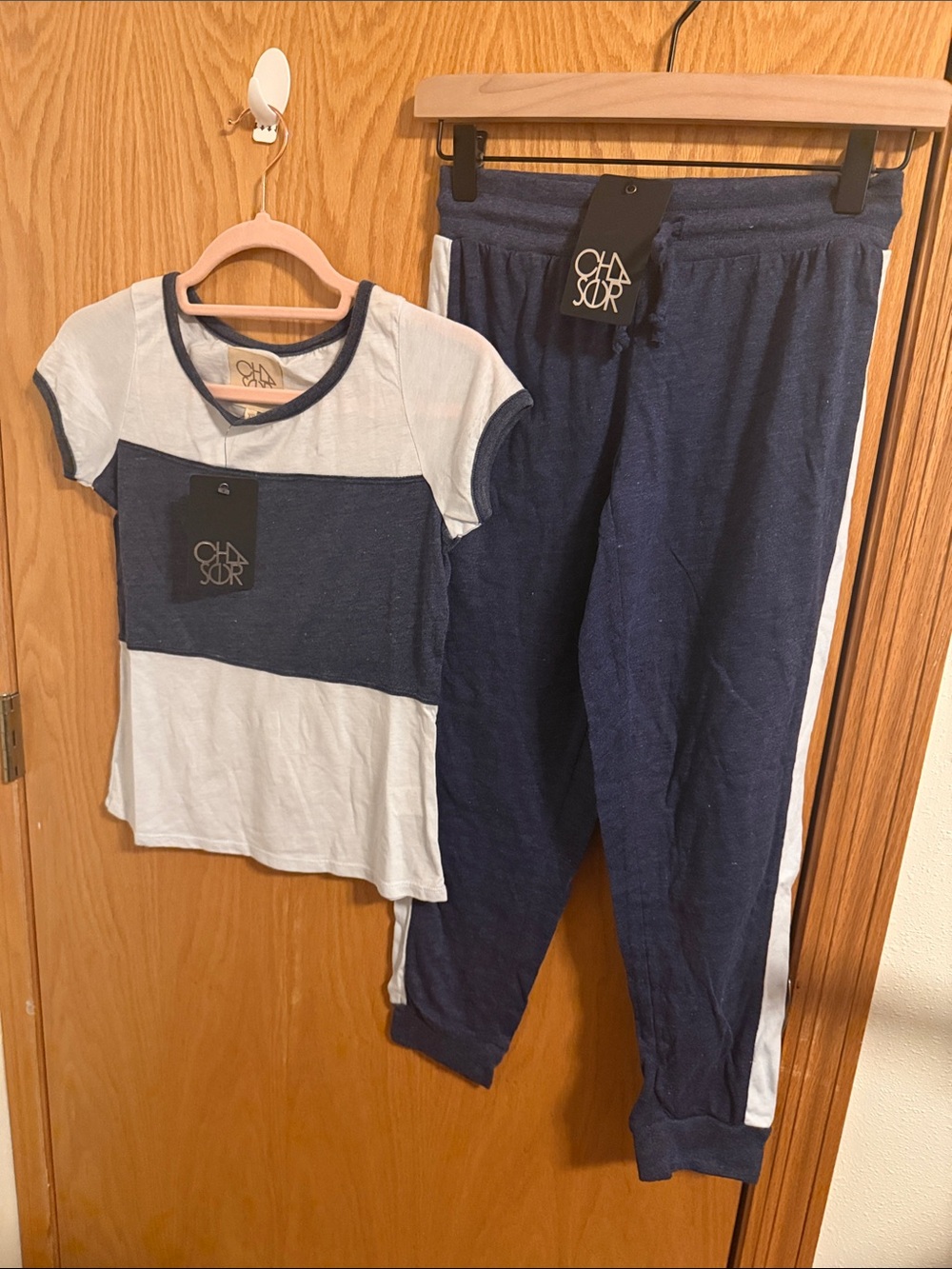 Chaser Navy and light blue Colorblock Short Sleeve Top with Navy Joggers